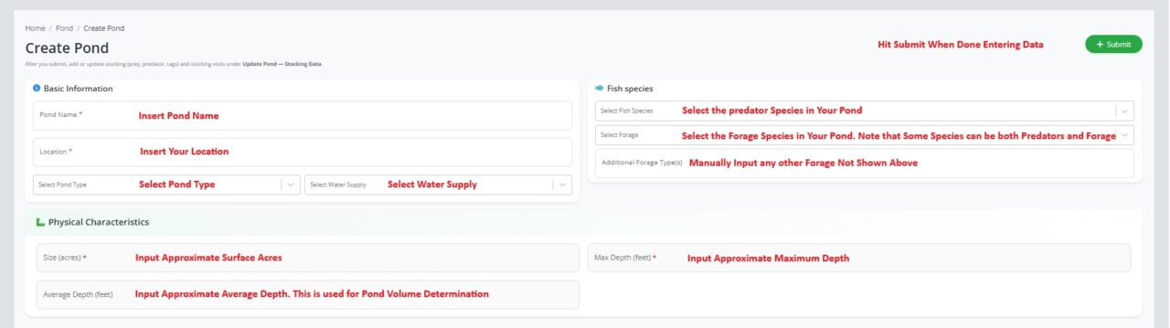 PondStat Create Pond form with pond information fields