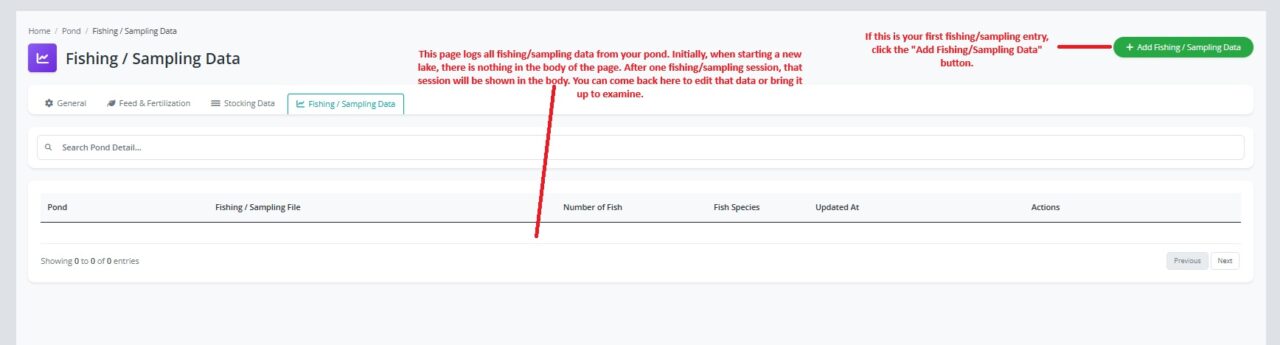PondStat Fishing and Sampling Data page