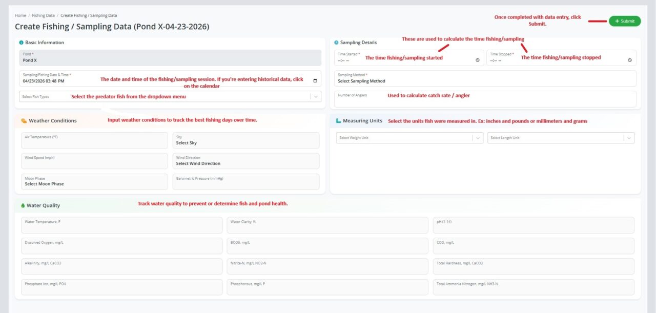 PondStat sampling-session basic information form
