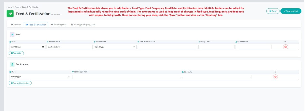PondStat Feed and Fertilization tab