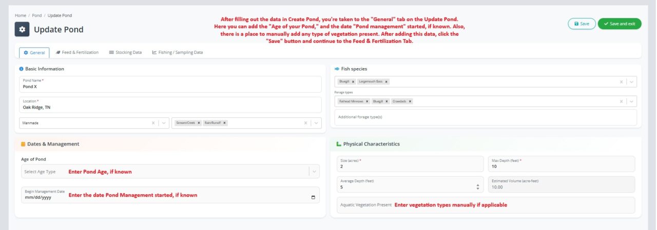 PondStat Update Pond General tab