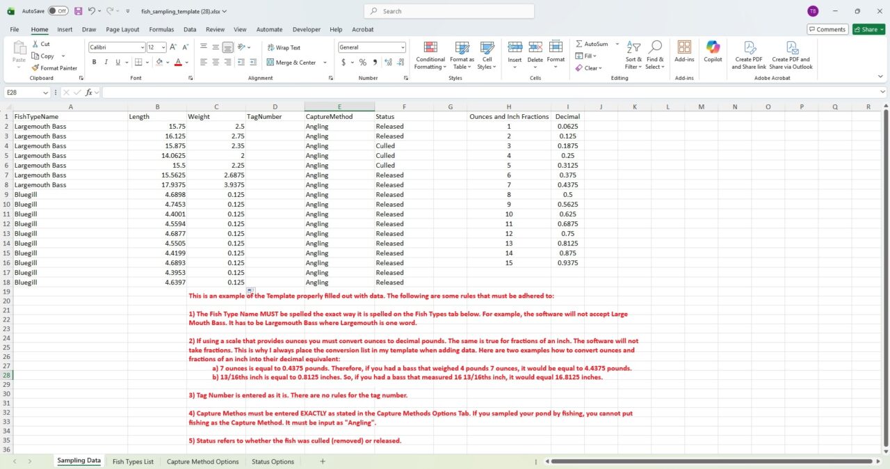 Completed PondStat Excel fish sampling template