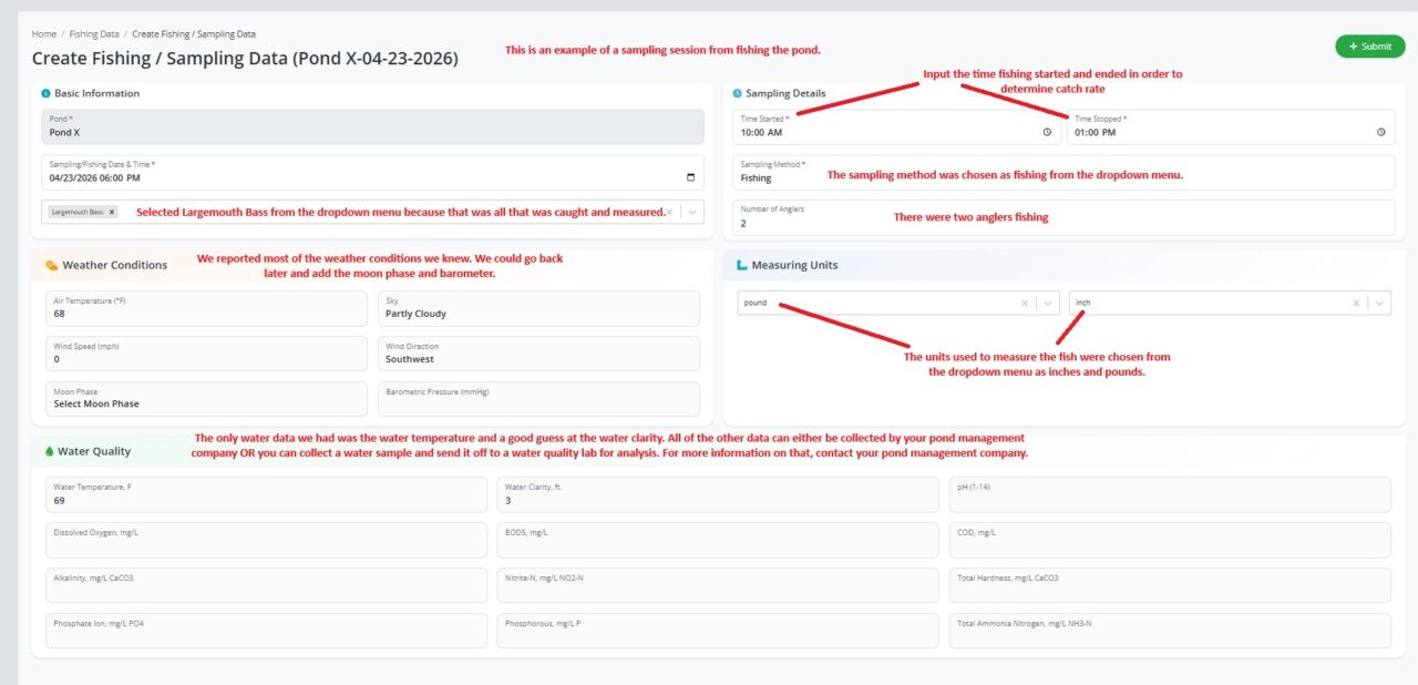 PondStat sampling form with environmental conditions and measurement units