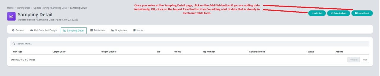 PondStat Sampling Detail page with manual and Excel entry options