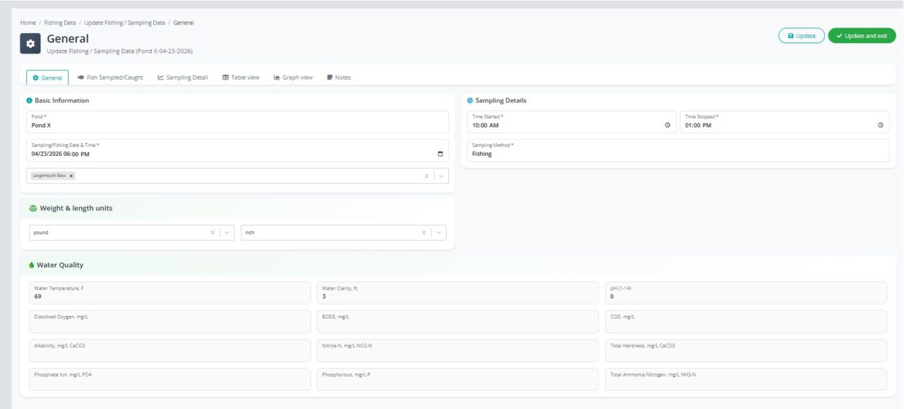 PondStat Update Fishing and Sampling Data General tab