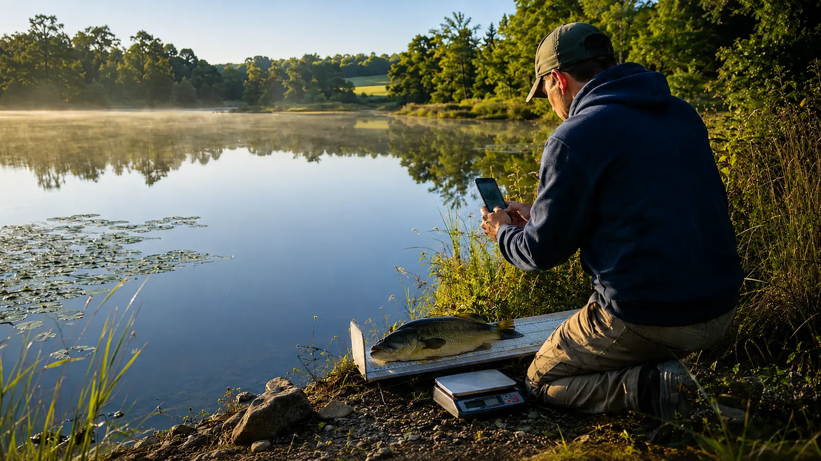 A pond owner recording fish measurements beside a private pond